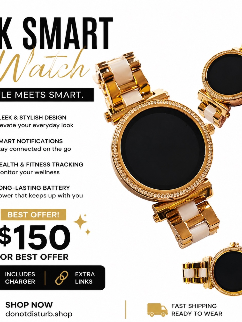 Michael Kors Gold and White Smartwatch with Crystal Bezel